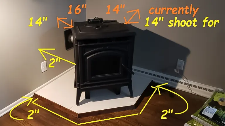 Black wood stove with yellow measurements and arrows