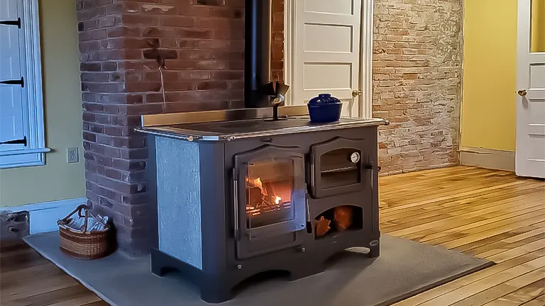 Wood-burning stove in a living room with brick wall and floral furniture.