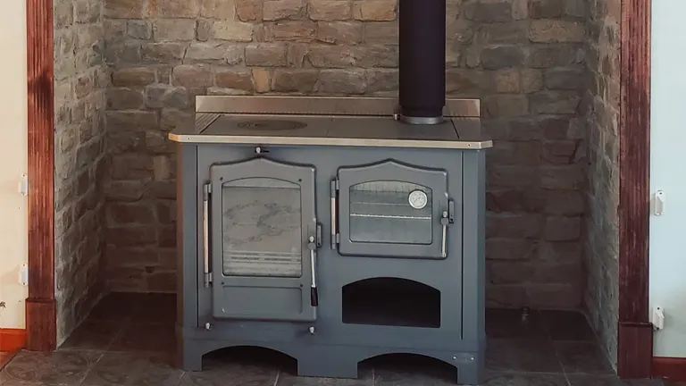 Black wood-burning stove with chimney against a red brick wall.