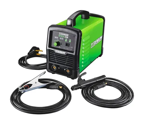 Portable TITANIUM Stick 225 Inverter Welder with control panel and attached cables on a white background