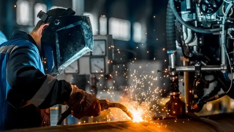 Welder working on a machine with sparks flying
