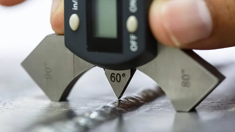 Digital caliper measuring a weld bead on a metal surface for troubleshooting welding machine problems
