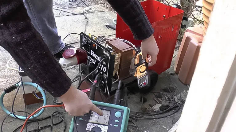 Person troubleshooting a welding machine with a multimeter