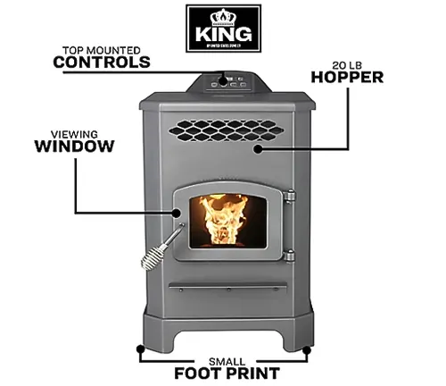 Gray pellet stove with a viewing window and top-mounted controls.