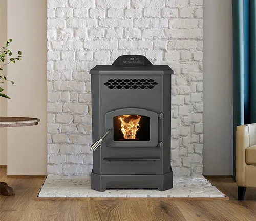 Burning pellet stove in a cozy living room with brick wall and wooden floor.
