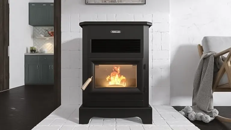 Wood-burning stove in modern living room.