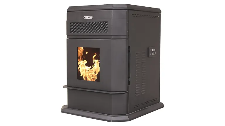 Black Vogelzang VG5790 pellet stove with a burning fire inside.