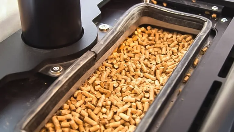 Tray of cat food pellets in a machine.