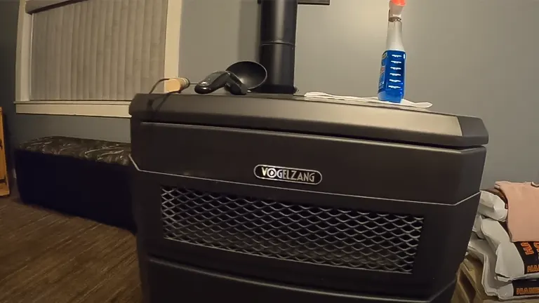 Black Vogelzang wood stove with a blue water spray in a room.