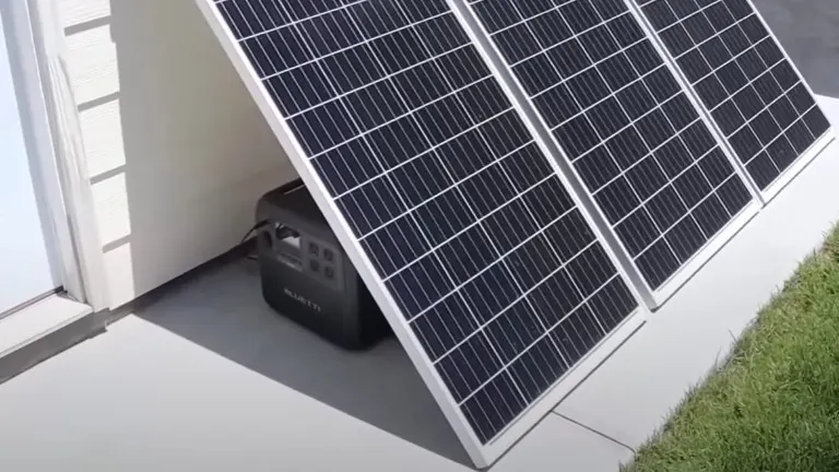 Solar panels on a white roof with a black Bluetti AC180.