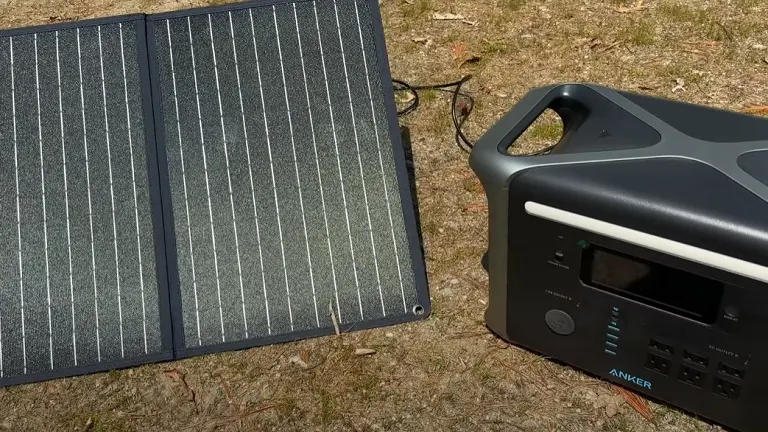 A portable solar panel and power station on a grassy ground.