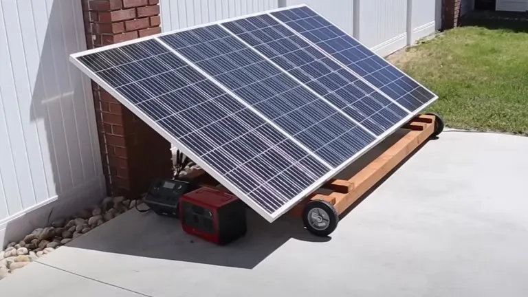 A solar panel on a wooden cart with a red generator next to it.