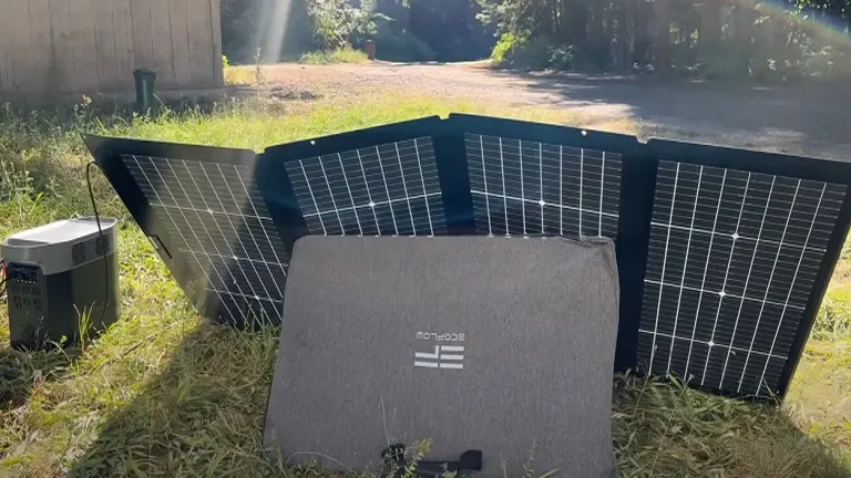 Solar panels and equipment on grassy ground.