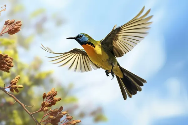 Olive-Backed Sunbird in flight against a blue sky