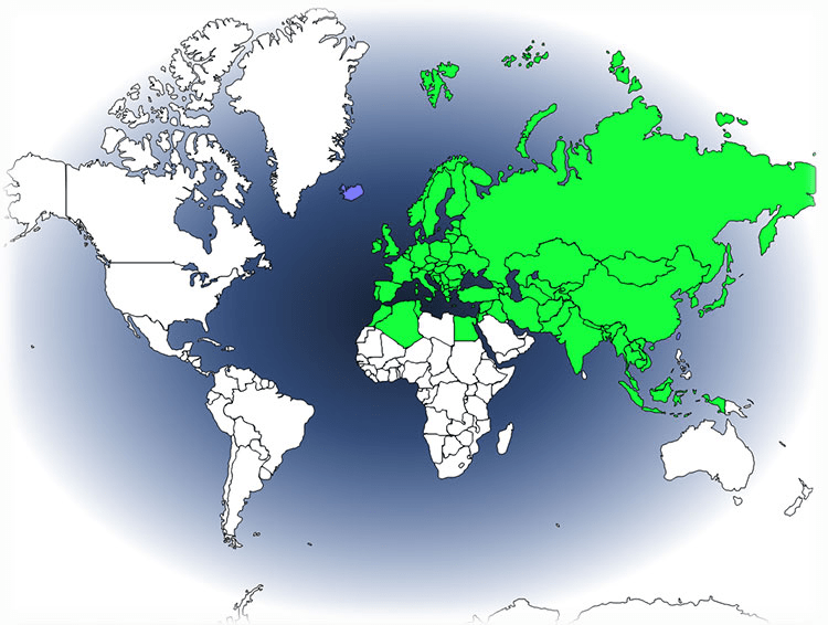 World map highlighting the distribution of the Great Tit bird in green