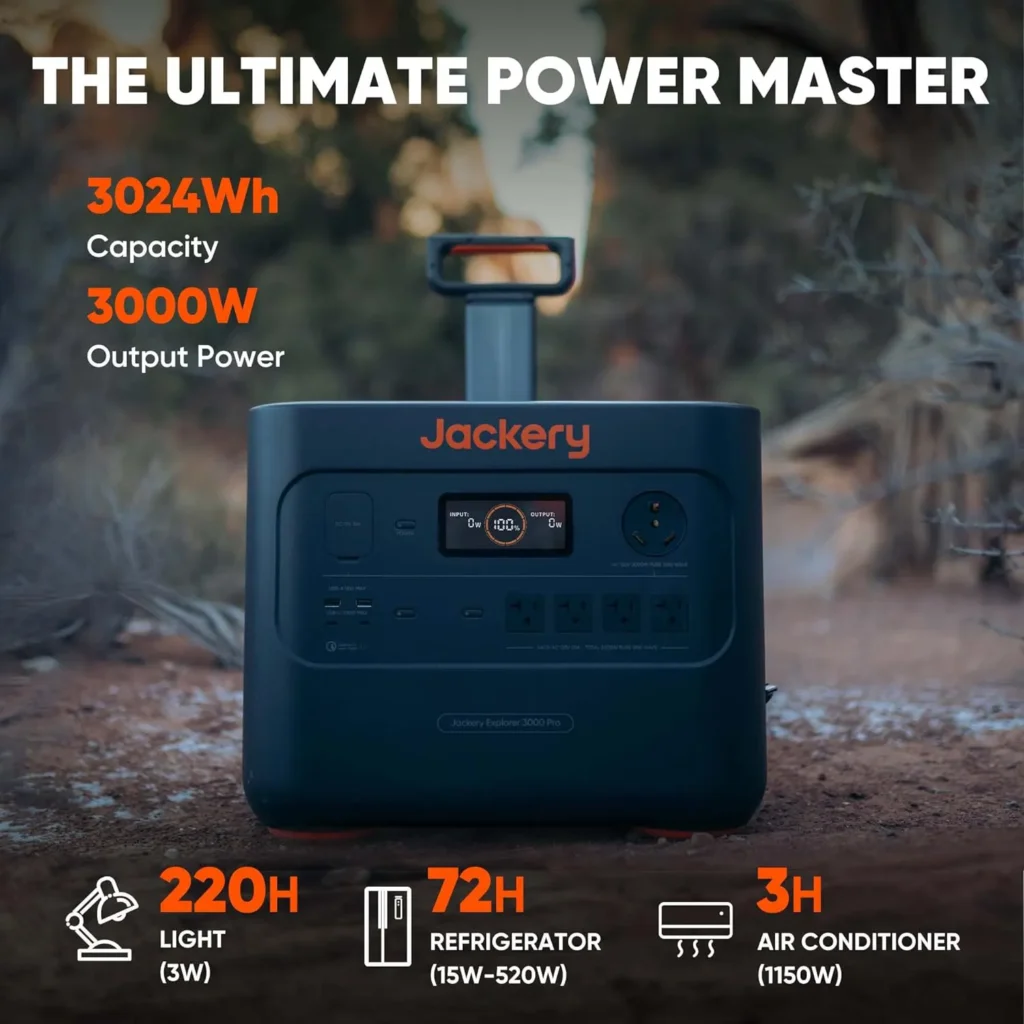 A portable power station with a handle on top and various power outputs on the front.