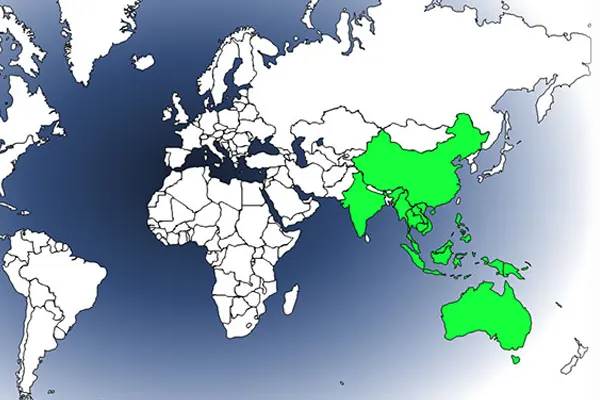 World map highlighting the range of the Olive-Backed Sunbird