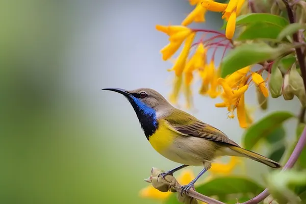Olive-Backed Sunbird perched on a branch with yellow flowers in the background