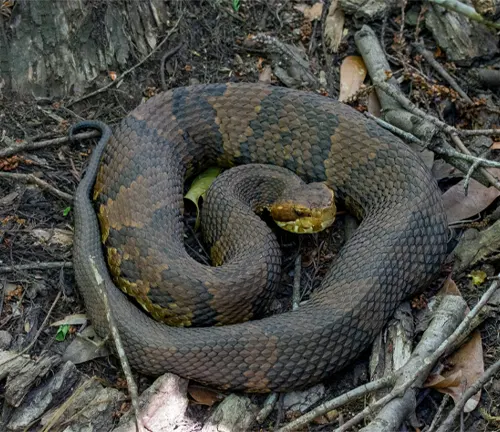 Coiled Cottonmouth snake in a wooded area