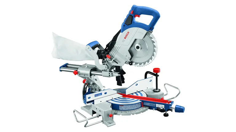 Bosch GCM18V-08N 8-1/2" Single-Bevel Slide Miter Saw with blue and red accents on a white background