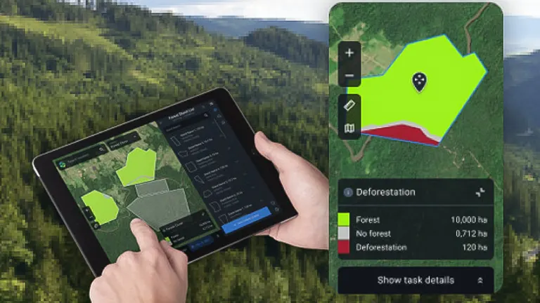 Tablet displaying a map and deforestation data over an aerial view of a forest