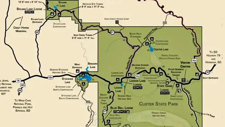 Map of Custer State Park showing roads, lakes, and landmarks