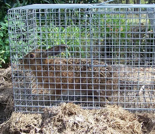 Cape Hare confined in a rectangular, wire cage placed on dry grass