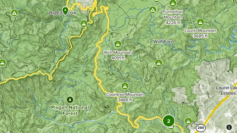 Topographic map of Pisgah National Forest highlighting trails, mountains, and nearby roads