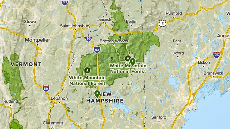 A map highlighting the location of White Mountain National Forest in New Hampshire and Vermont