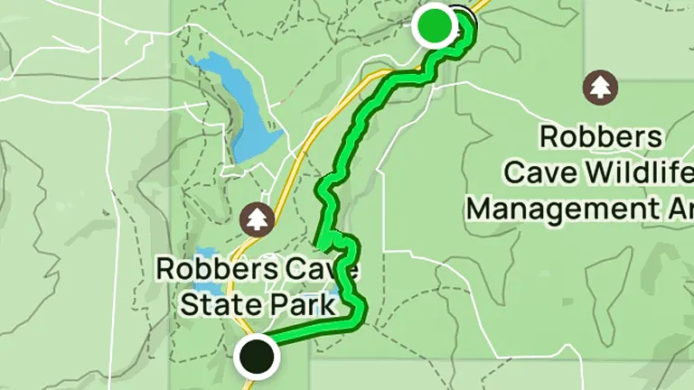 Map of Robbers Cave State Park with marked trails and water body