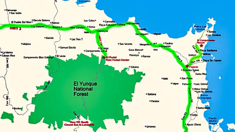 Colorful map of El Yunque National Forest with labeled roads and surrounding areas