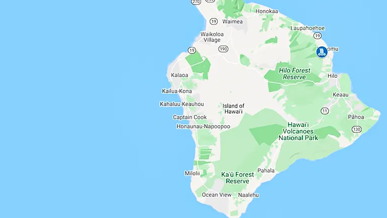 Map of the Island of Hawaii highlighting various locations including Hilo Forest Reserve and Hawaii Volcanoes National Park
