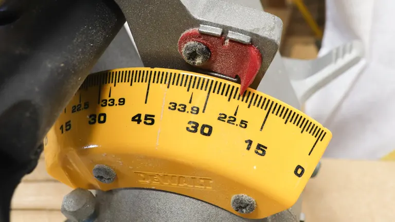 Close up of a miter saw’s angle gauge on a yellow background