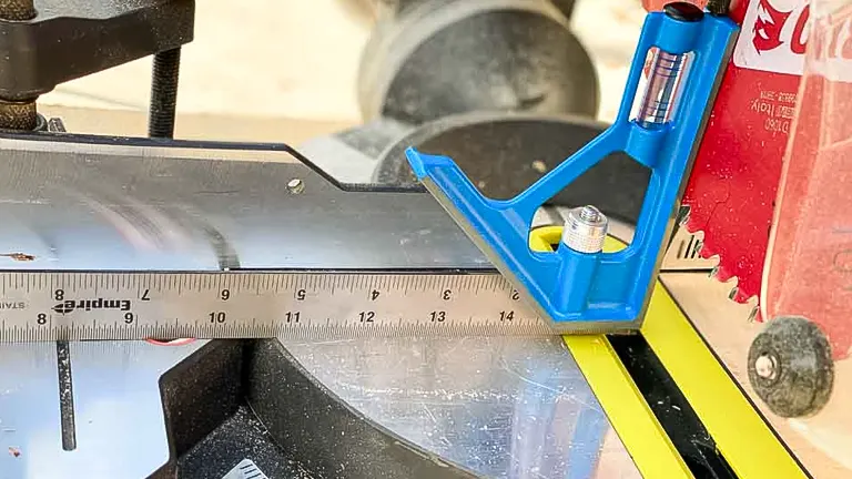 Close-up of miter saw with blue handle and yellow ruler on workbench for accurate cuts