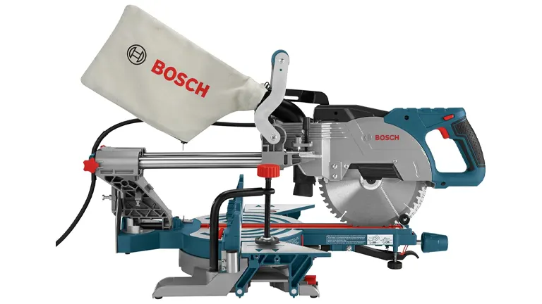 Bosch 8-1/2” Single Bevel Sliding Compound Miter Saw with blue and gray body and white dust bag