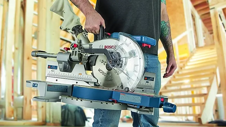 Person operating a BOSCH GCM18V-10SDN PROFACTOR 18V 10” Dual-Bevel Slide Miter Saw in a construction environment