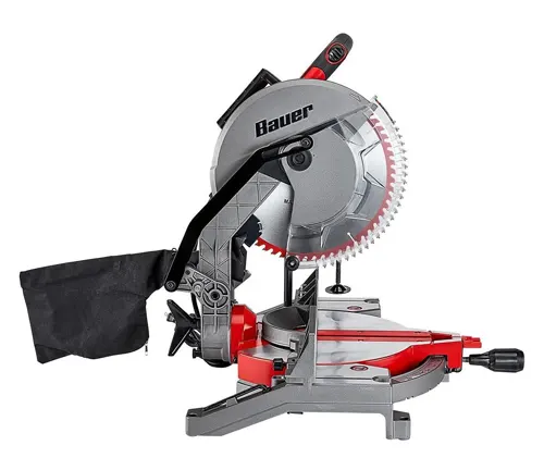 Bauer brand miter saw with red and gray base and black dust bag on white background
