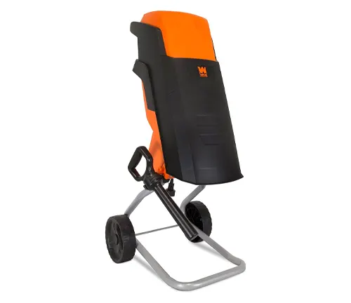 Compact orange and black WEN 5 Amp Rolling Electric Wood Chipper and Shredder on wheels