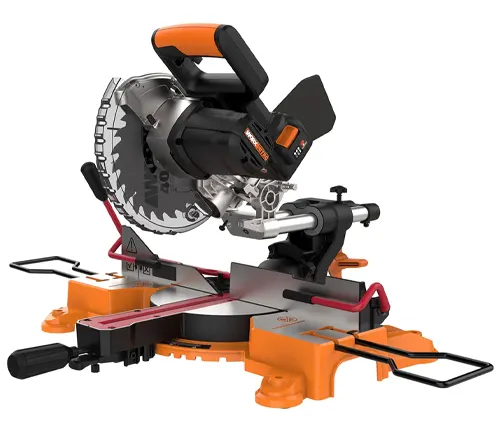 WORX WX845L 20V 7.25” Power Share Cordless Sliding Compound Miter Saw with an orange safety guard and a black handle, mounted on a black and orange base with a red laser guide, on a white background
