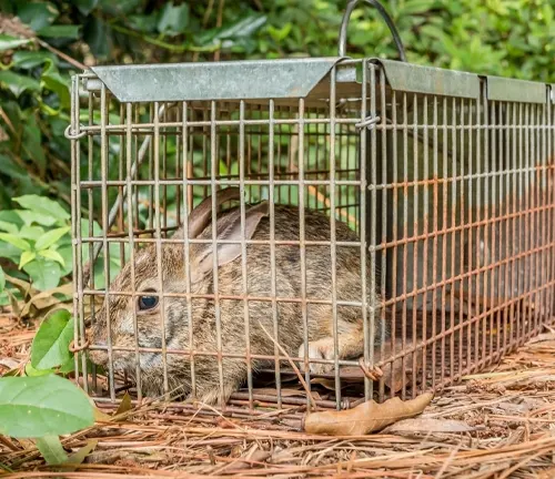 European Rabbit confined in a portable metal cage amidst natural surroundings