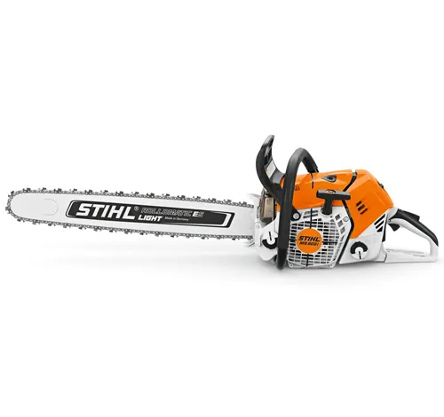 Stihl MS 500i Chainsaw with an orange body and white accents