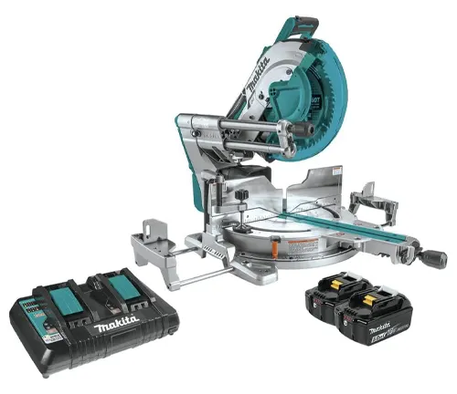 Makita 36V LXT Brushless 12" Dual-Bevel Sliding Compound Miter Saw with Laser Kit and battery charger on the side