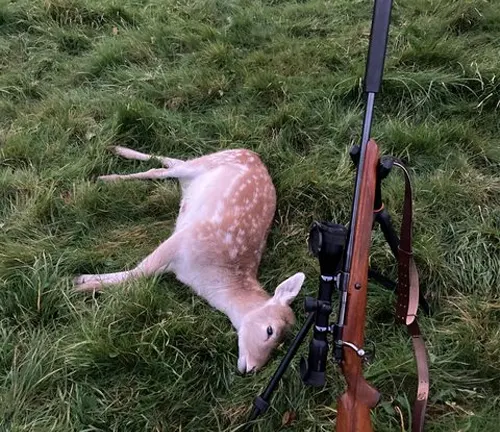 Axis Deer lying on grass next to a rifle