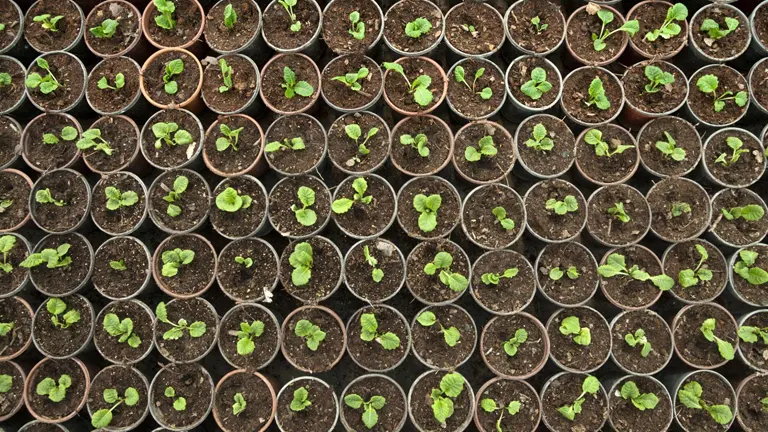 Rows of young plants in biodegradable pots, ready for selection and personalization of a garden