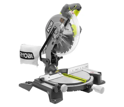 Gray and green Ryobi 10-inch sliding compound miter saw with LED light and dust bag