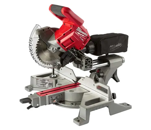 Red and silver Ryobi PBT01B ONE+ 18V 7-1/4" Sliding Compound Miter Saw on a white background