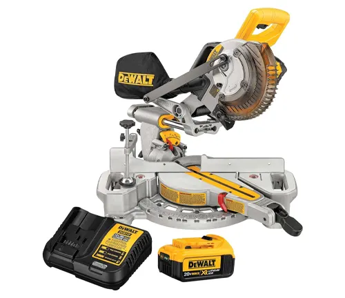 Yellow and black DeWalt DCS361M1 20V MAX 7-1/4-Inch Miter Saw with DeWalt battery and charger on a gray metal base