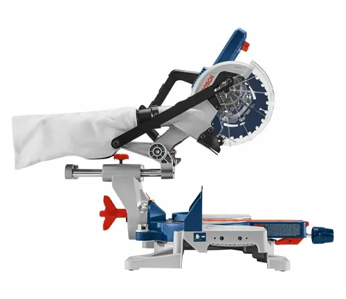 BOSCH GCM18V-07SN PROFACTOR 7-1/4” Single-Bevel Slide Miter Saw with a dust bag, ready for operation