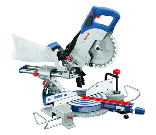 Blue and silver Bosch 40V Max XGT 8-1/2” Dual-Bevel Sliding Compound Miter Saw on a white background