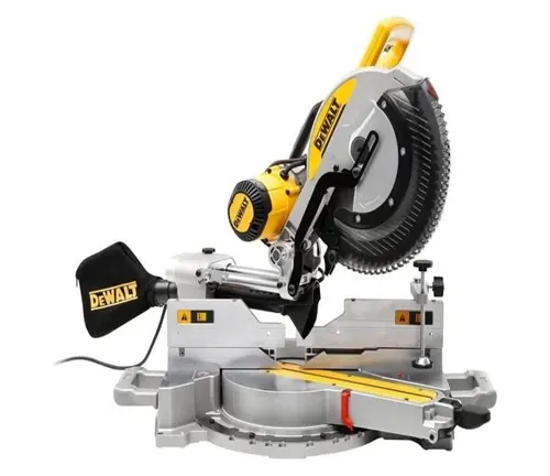 DeWalt DWS780 12” Double Bevel Sliding Compound Miter Saw with a black handle and yellow safety guard on a gray base, against a white background